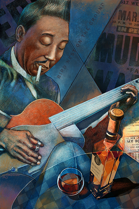 Traditional watercolor, digital painting of the great Blues musician, Muddy Waters.