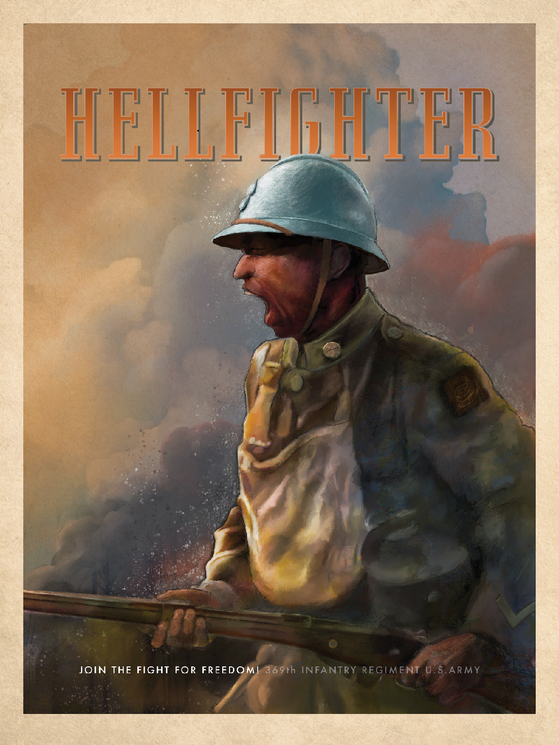 Vintage-style ww1 recruitment poster for Harlem Hellfighters.